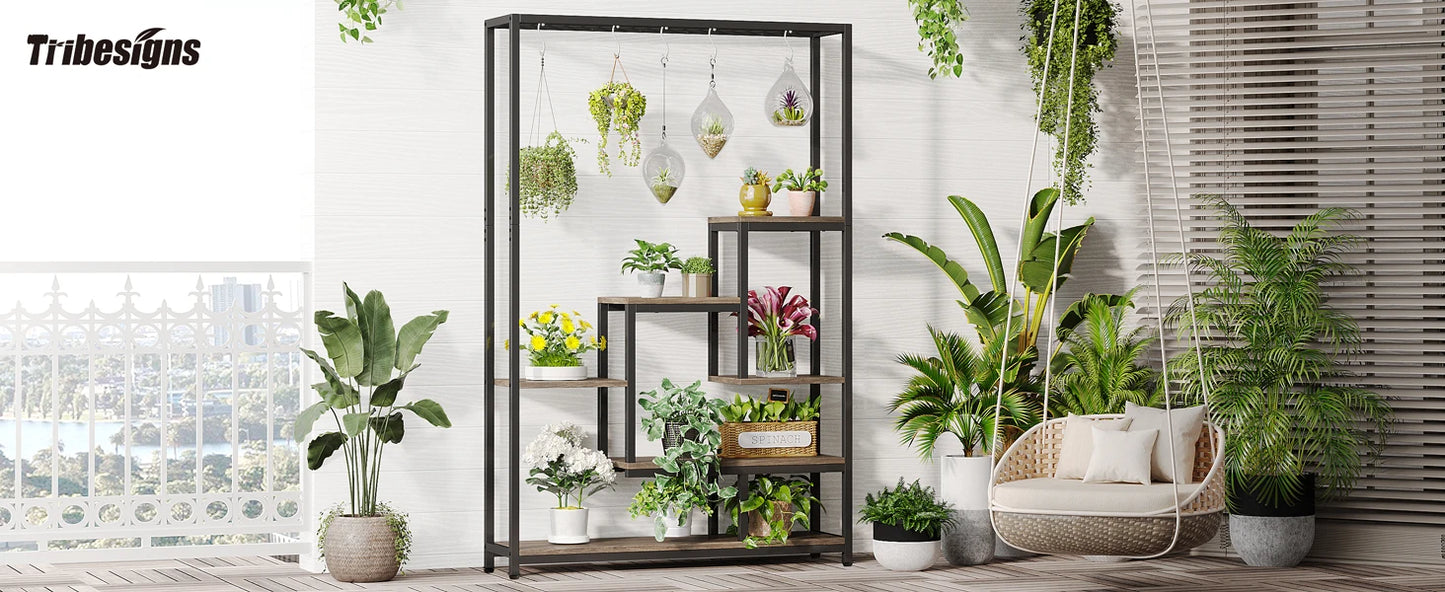 Tribesigns 5-Tier Tall Indoor Plant Stand, 70.9" Large Metal Plant Shelf with 10 Hanging Hooks for Garden, Balcony, Living Room & Patio