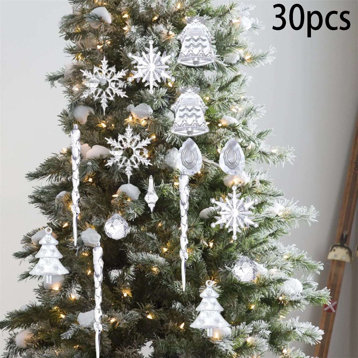 Frosted Glass Snowflake Ornament Set - 30 Pieces Elegant Christmas Tree Hanging Decorations Winter Holiday Icicle Theme