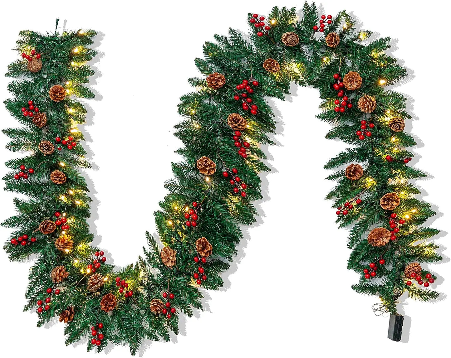 9Ft Artificial Christmas Garland Prelit with LED Lights 27 Pine Cones 27 Red Berries for Home Office Christmas Decorations
