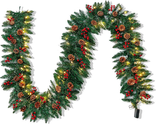 9Ft Artificial Christmas Garland Prelit with LED Lights 27 Pine Cones 27 Red Berries for Home Office Christmas Decorations