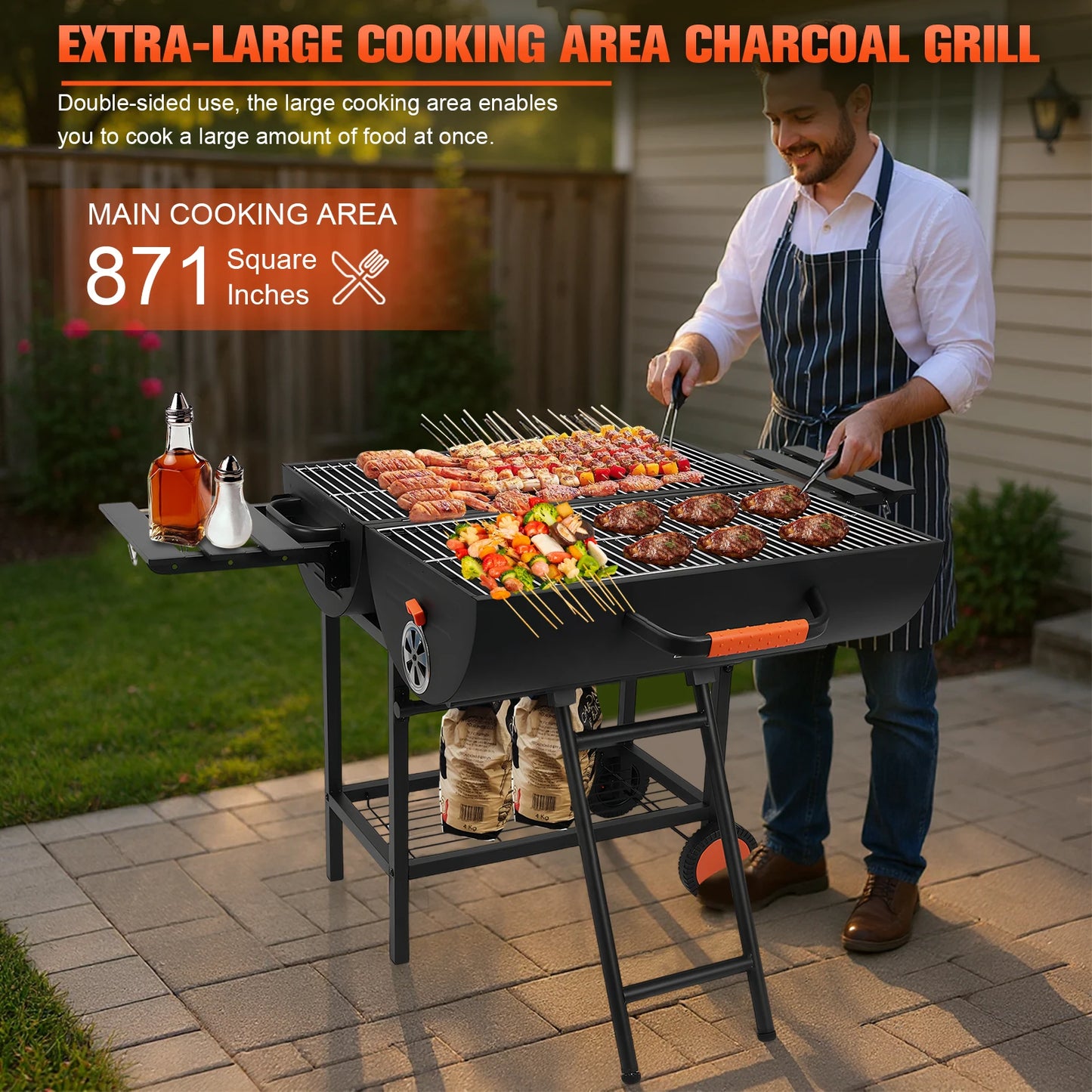 EExtra Large Outdoor Charcoal Grill Smoker – 871 Square Inches Cooking Area with 2 Foldable Side Tables