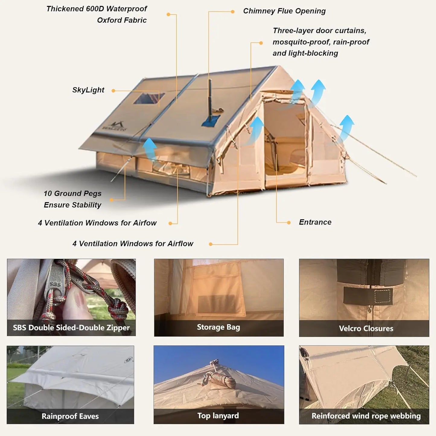 SENLEETO 8-10 Person Inflatable Glamping Tent with Stove Jack – 4 Season Waterproof Family Camping Tent