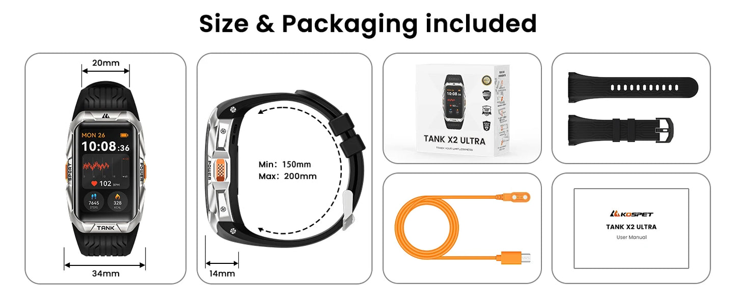 KOSPET TANK X2 Ultra GPS Smart Watch – Military Grade, 3D Curved AMOLED Display, Compass & Altimeter, Waterproof Smartwatch