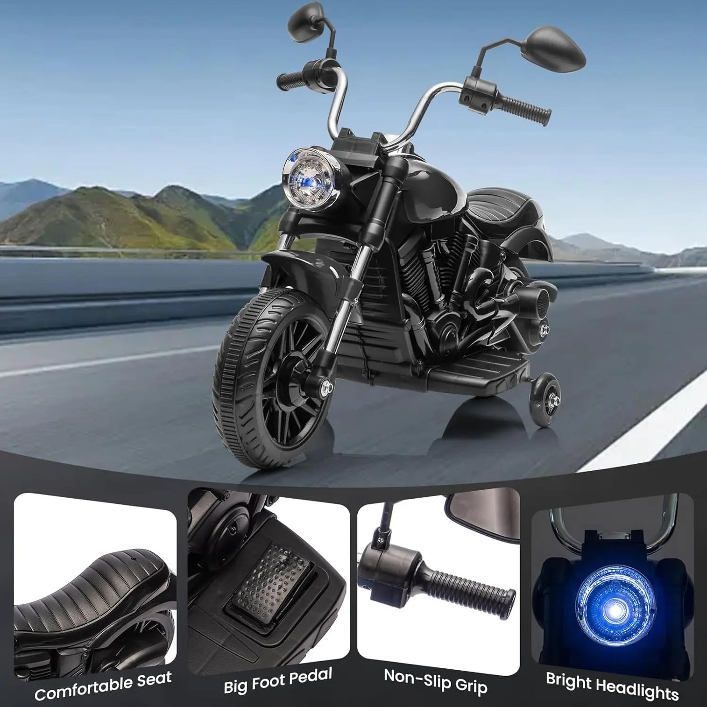 3-Wheel Kids Ride-On Motorcycle – 12V Electric Bike with Headlight, Training Wheels, Music, & Reverse Mode