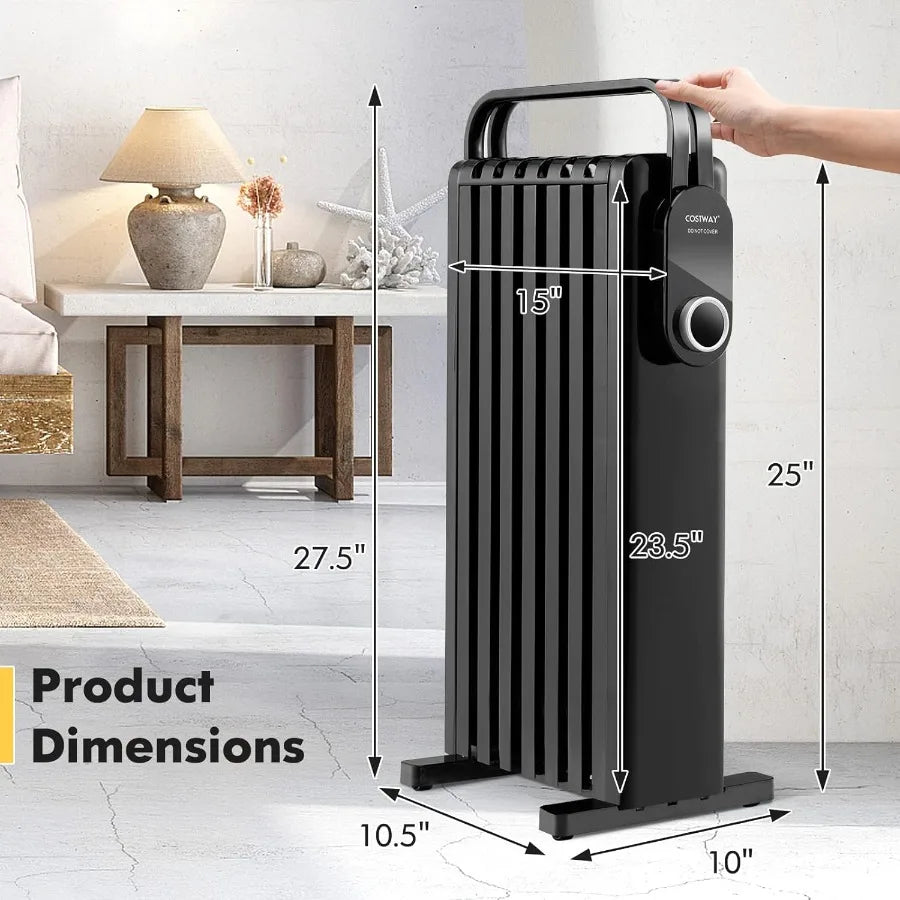 Costway 1500W Oil-Filled Radiator Heater with Foldable Drying Rack & Dual Safety Protection – 3 Heat Settings Electric Space Heater for Bedroom & Living Room