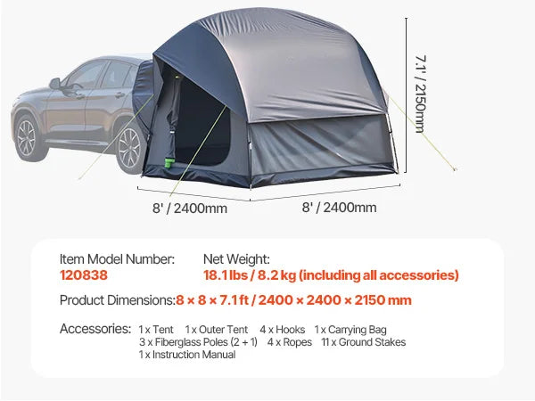 SucceBuy SUV Camping Tent for 5-8 People with Shade Awning & Waterproof Double-Layer Design