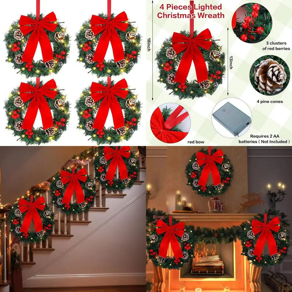 Illuminated Christmas Wreaths, 12-Inch Pre-Lit Miniature Holiday Wreaths with Oversized Bows, Battery-Powered LED Pine Needle Wr