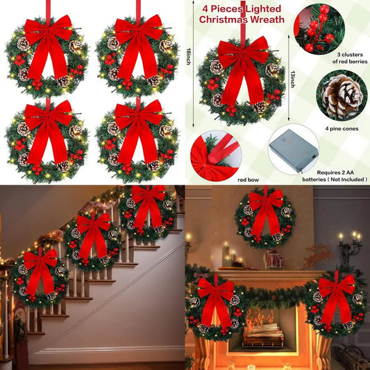 Illuminated Christmas Wreaths, 12-Inch Pre-Lit Miniature Holiday Wreaths with Oversized Bows, Battery-Powered LED Pine Needle Wr