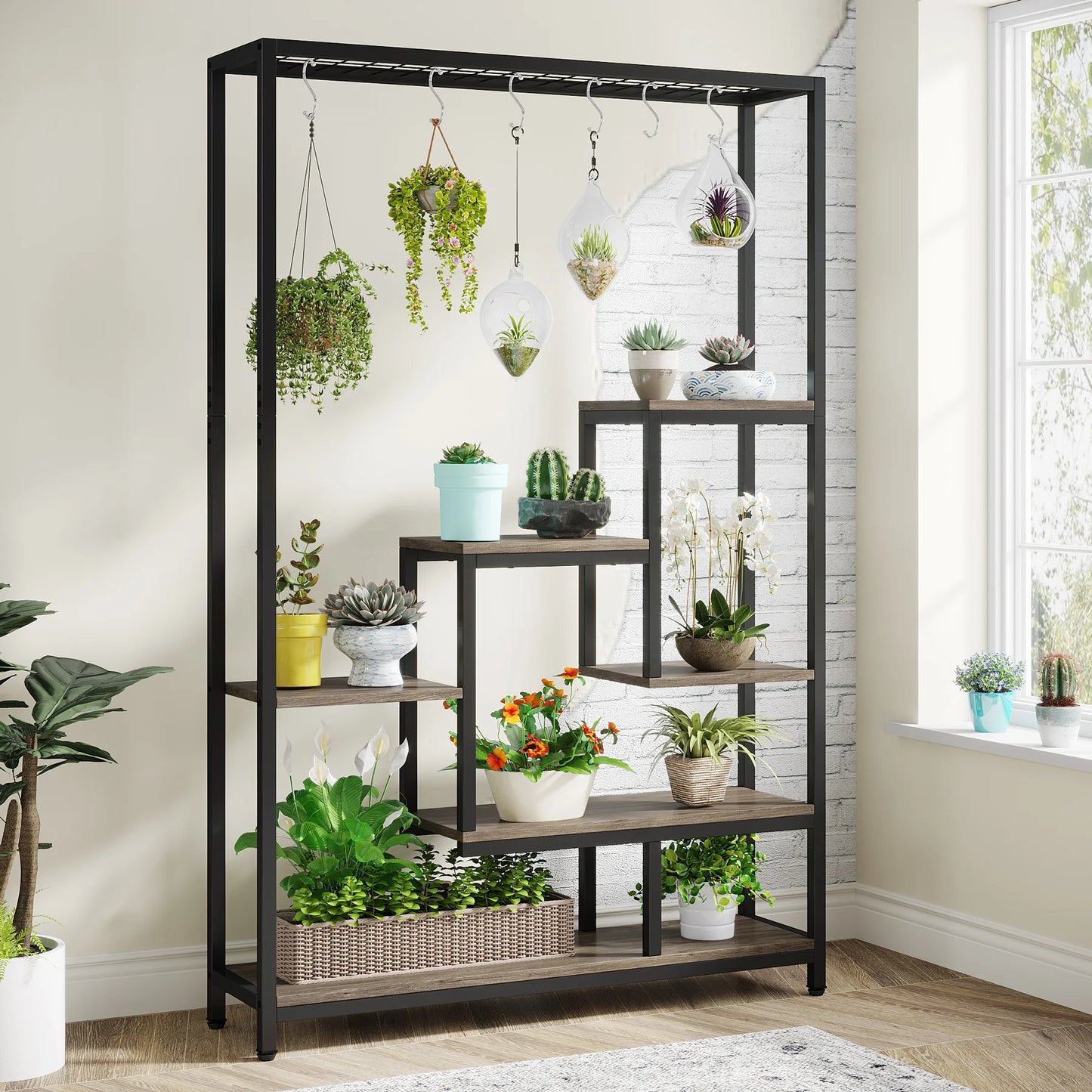 Tribesigns 5-Tier Tall Indoor Plant Stand, 70.9" Large Metal Plant Shelf with 10 Hanging Hooks for Garden, Balcony, Living Room & Patio
