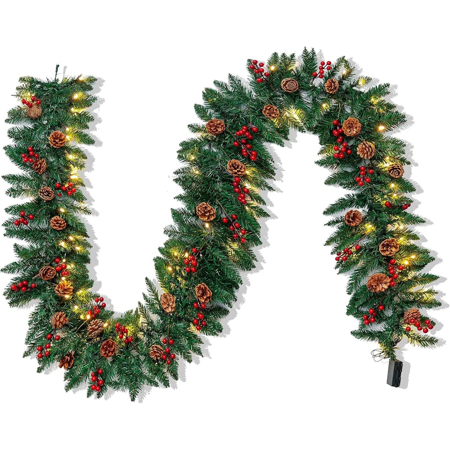 9Ft Artificial Christmas Garland Prelit with LED Lights 27 Pine Cones 27 Red Berries for Home Office Christmas Decorations
