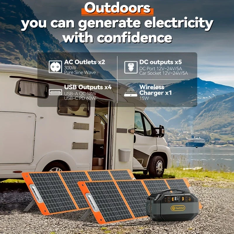 Flashfish P56 330W Portable Solar Generator | 299Wh Power Station with 240V AC Output, 100W Solar Panel Support & Wireless Charging – Ideal for Camping, Travel & Emergency Backup