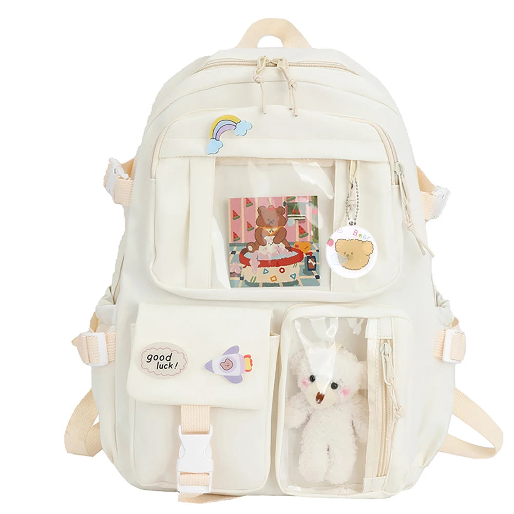 Kawaii Nylon College Backpack with Plush Pendant and Pins – Large Capacity Student Schoolbag