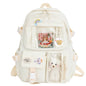 Kawaii Nylon College Backpack with Plush Pendant and Pins – Large Capacity Student Schoolbag