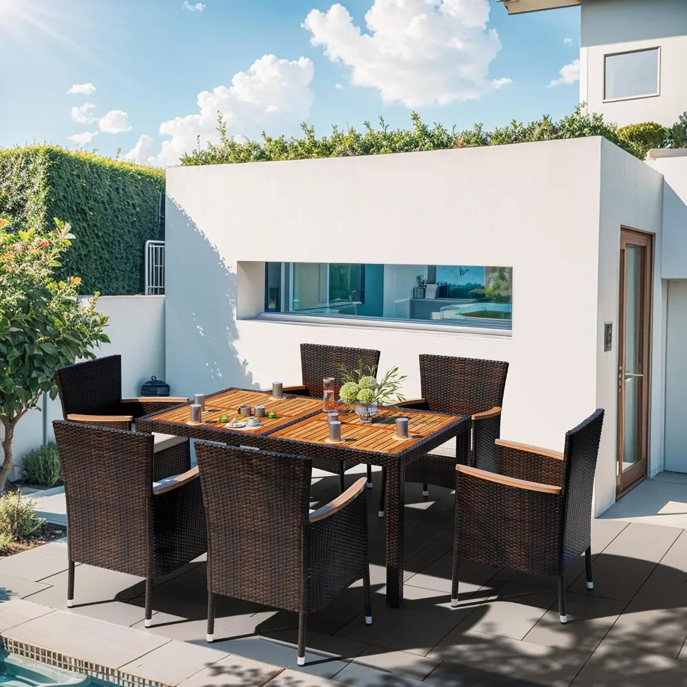 7 Piece Outdoor Patio Dining Set – Wicker Rattan Table & Chairs with Cushions