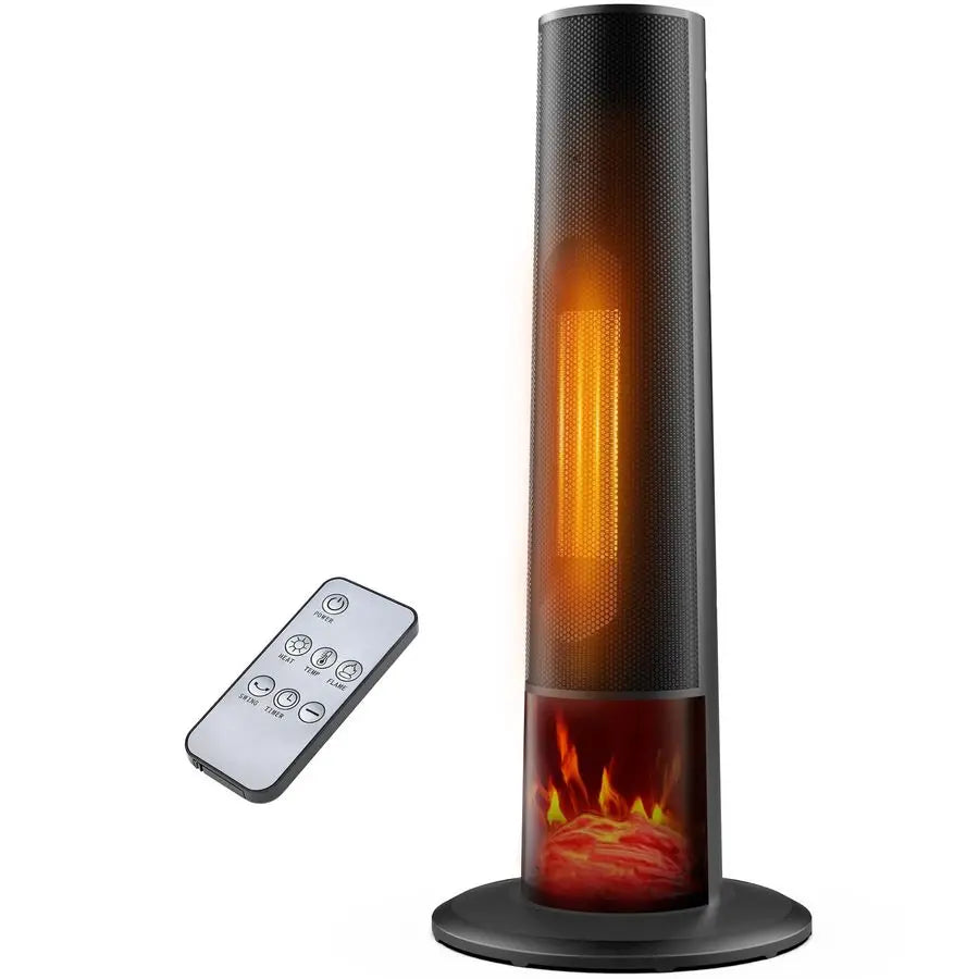 Electric Tower Heater with 3D Flame, Thermostat, Tip-Over Protection & Remote – 1500W Portable Space Heater for Bedroom & Office