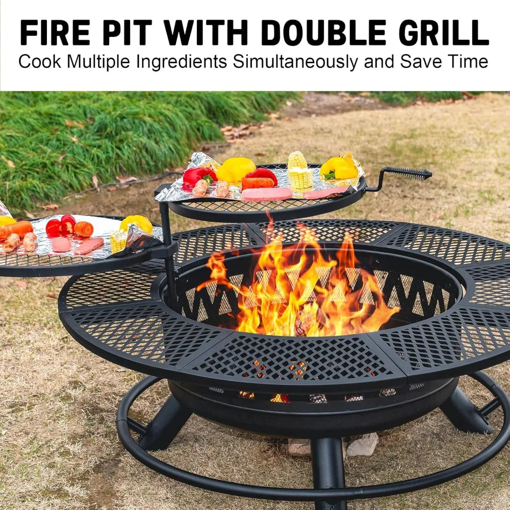 47 Inch Fire Pit with 2 Grills, Outdoor Extra Large Firepits for Outside, Wood Burning Fireplace for Camping, Picnic, Bonfire