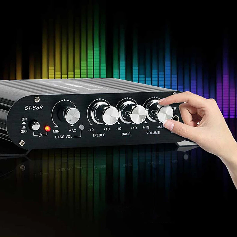 ST-838 HiFi 2.1 Channel Power Amplifier – Stereo Bass Sound Subwoofer Amp for Home & Car Media Players (Black/Silver)
