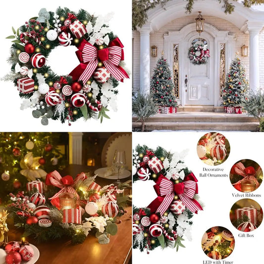 Large Outdoor Red & White Decorated Lighted 24 Inch Pre-Lit Front Door Christmas Wreath Christmas Decor