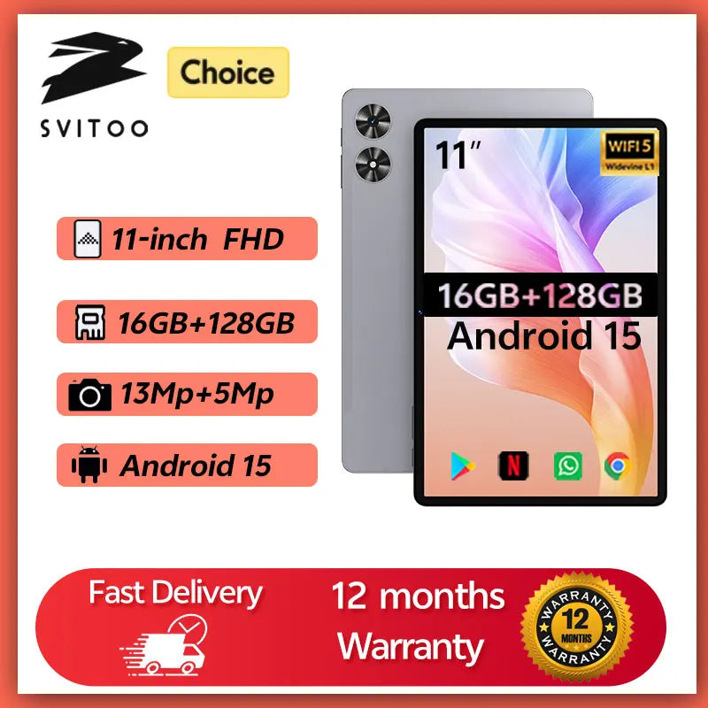 SVITOO 11-Inch Android 15 Tablet – 16GB RAM + 128GB ROM (1TB Expandable)