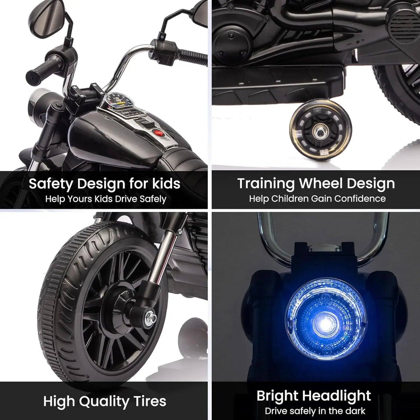 3-Wheel Kids Ride-On Motorcycle – 12V Electric Bike with Headlight, Training Wheels, Music, & Reverse Mode