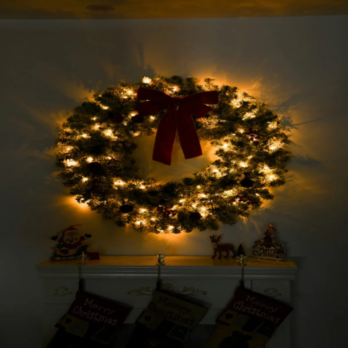 24" Christmas Wreath with Remote Lighted Snow Flocked Artificial Xmas Wreath Warm Lights Ornaments for Door Gate Wall Party Deco