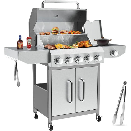 Llamaviva 5 Burner Propane Gas Grill with Side Burner,Stainless Steel BBQ Grill with Porcelain-Enameled Cast Iron Grates