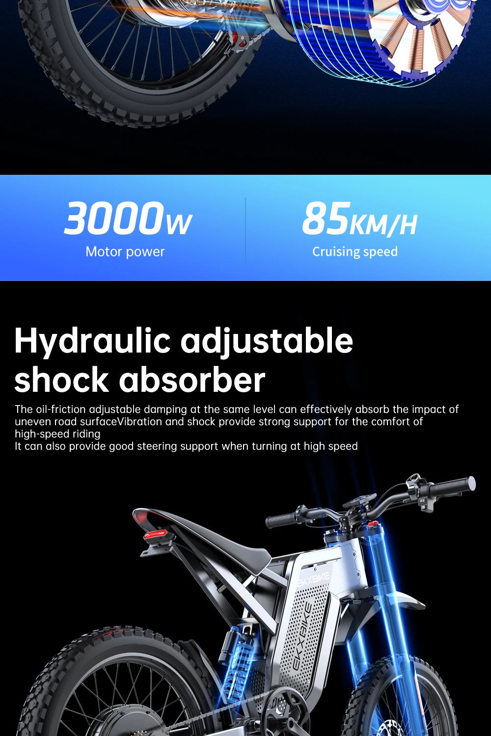 EKXBIKE X21 Max Electric Motorcycle – 3000W Brushless Motor, 60V 30Ah Battery, 85KM/H Speed, Off-Road E-Bike for Adults