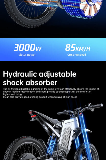 EKXBIKE X21 Max Electric Motorcycle – 3000W Brushless Motor, 60V 30Ah Battery, 85KM/H Speed, Off-Road E-Bike for Adults