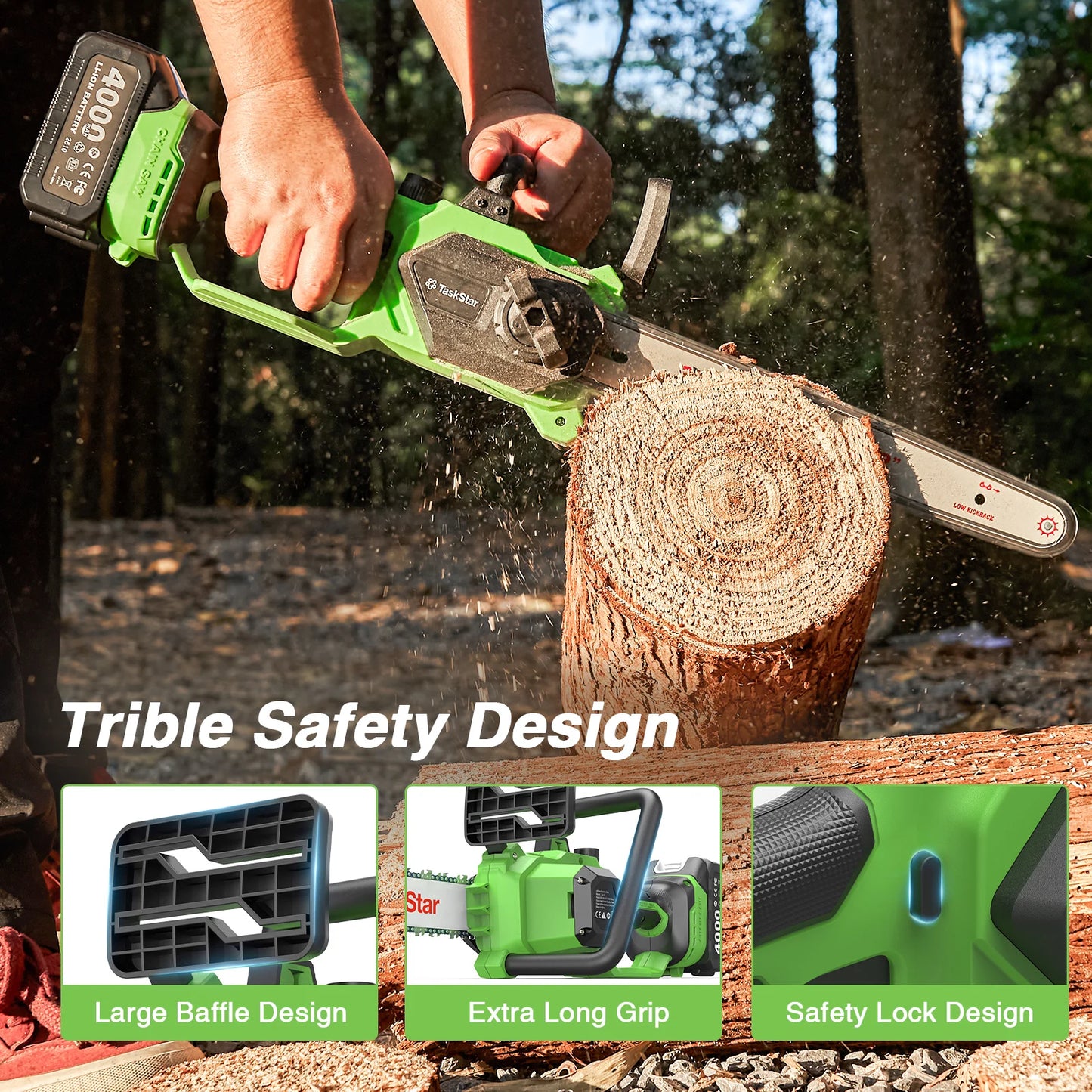 TaskStar 12" Cordless Electric Chainsaw with 2 x 4000mAh Batteries – Brushless Motor, Tool-Free Tensioning, Lightweight & Portable