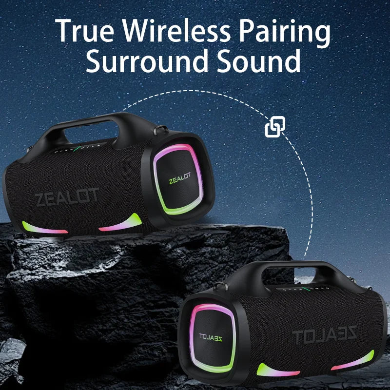 ZEALOT 100W Portable Bluetooth Subwoofer Speaker – 24000mAh Battery, RGB Lights, Waterproof, Wireless Pairing