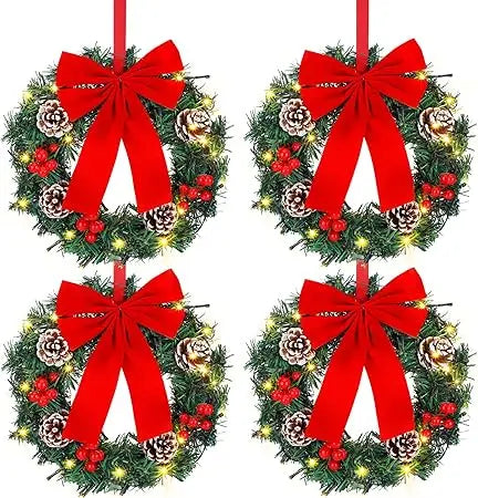 Illuminated Christmas Wreaths, 12-Inch Pre-Lit Miniature Holiday Wreaths with Oversized Bows, Battery-Powered LED Pine Needle Wr