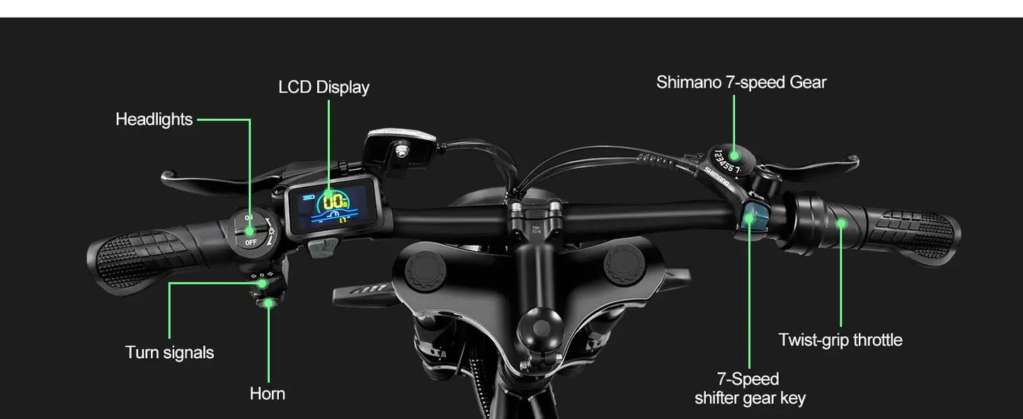 1000W Full Suspension Electric Bike for Adults – 48V 15Ah Battery, 28MPH Fat Tire Moped-Style E-Bike with Shimano 7-Speed and Disc Brakes