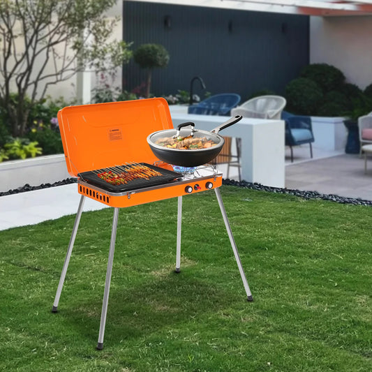 Portable Dual-Burner Gas Grill Stove with Legs – Outdoor Tabletop BBQ Cooker for Camping & Picnics