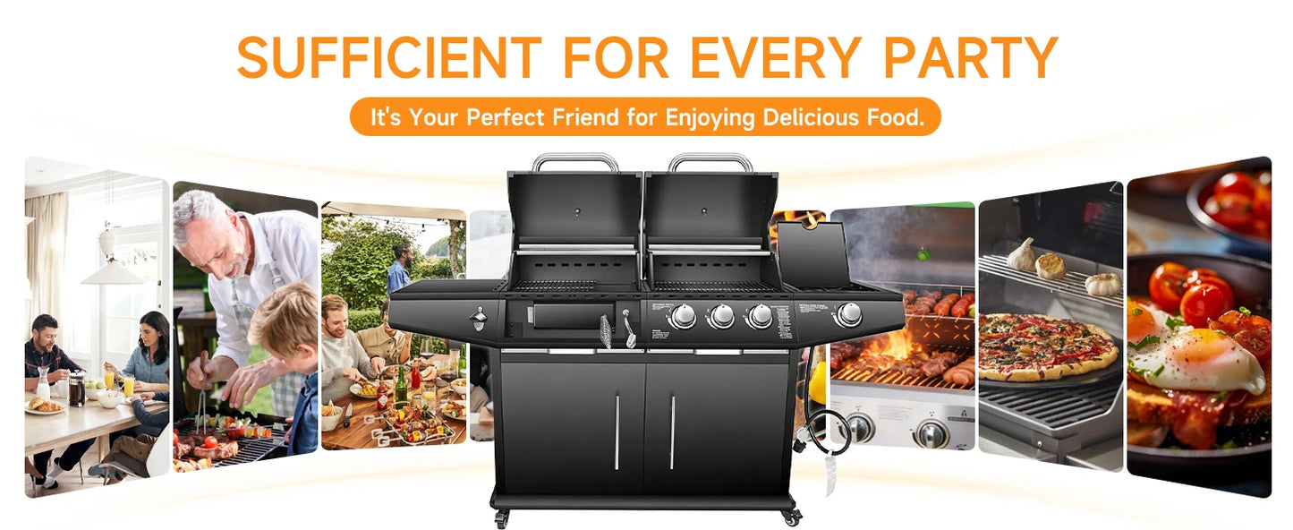 Dual Fuel Gas & Charcoal Grill with Side Burner – 3+1 Burners, 40,000 BTU, 713.5 Sq. In. Cooking Area