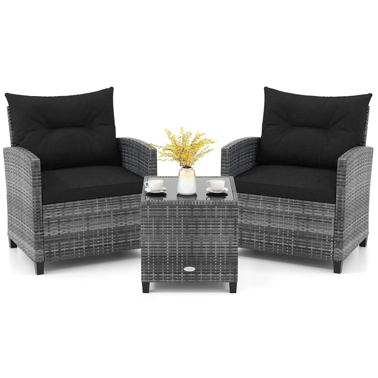 3-Piece Patio Furniture Set Outdoor PE Rattan Conversation Set with Cushions & Glass Table