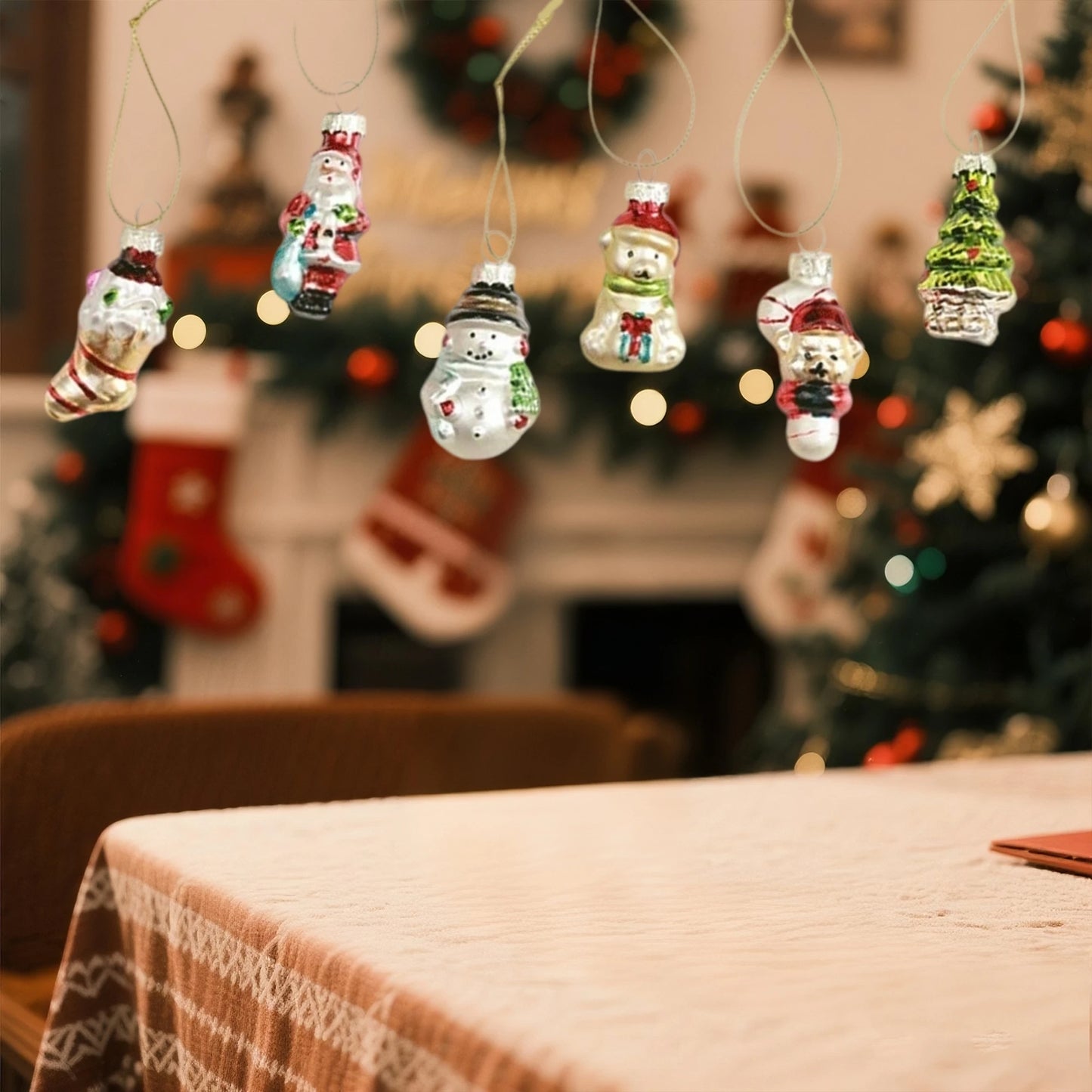Set of 6 Festive Glass Christmas Tree Ornaments Featuring Adorable Reindeer Penguin and Gingerbread Man Designs