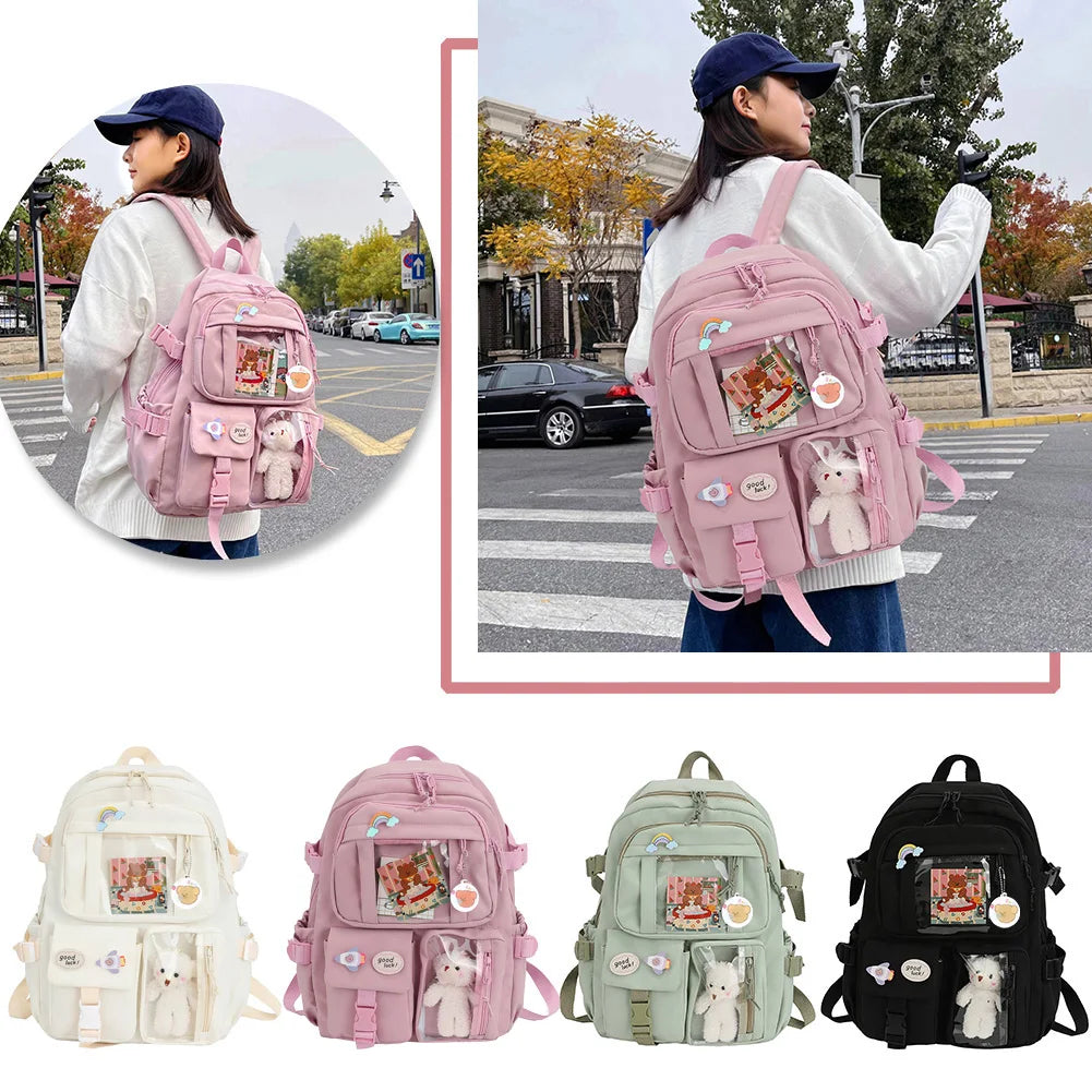 Kawaii Nylon College Backpack with Plush Pendant and Pins – Large Capacity Student Schoolbag