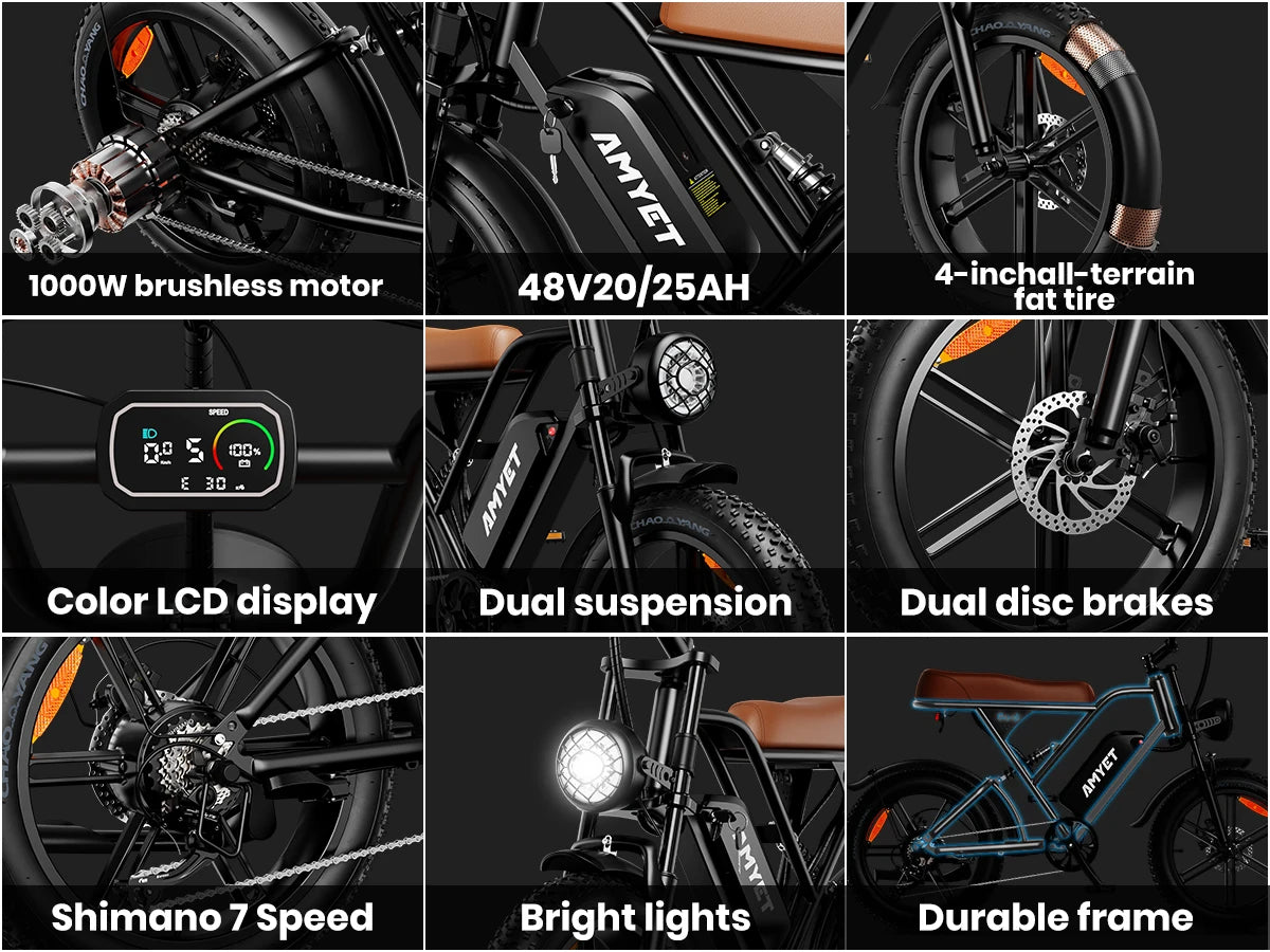 AMYET V9-G60 Electric Bike – 1000W Motor, 48V 20Ah Battery, Fat Tire E-Bike with Shimano 7-Speed & Dual Suspension