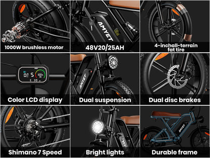 AMYET V9-G60 Electric Bike – 1000W Motor, 48V 20Ah Battery, Fat Tire E-Bike with Shimano 7-Speed & Dual Suspension