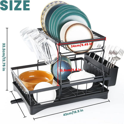 2-Tier Stainless Steel Dish Drying Rack | Large Countertop Organizer with Drainer & Cutlery Holder