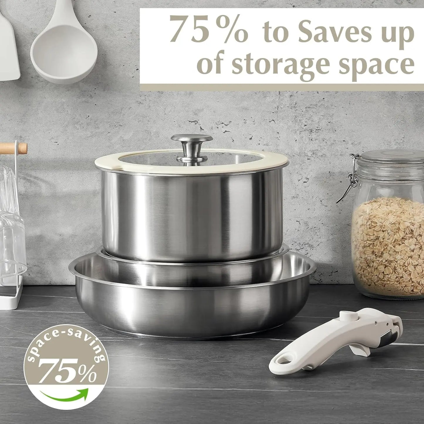 KOCH SYSTEME CS 7-Piece Stainless Steel Cookware Set with Detachable Handle – Induction Ready, Oven Safe, Space-Saving Design