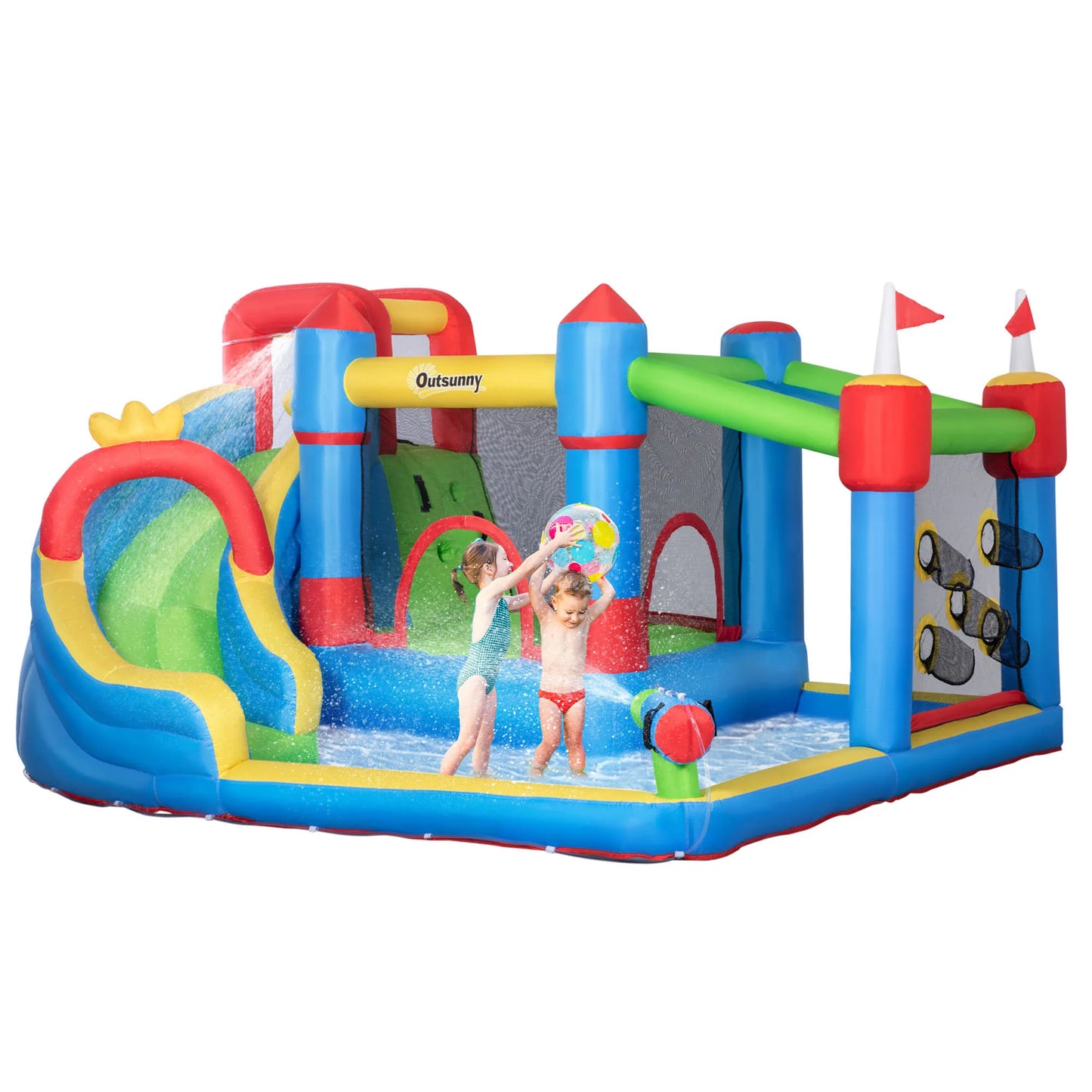 6-in-1 Inflatable Bounce Castle with Slide, Trampoline, Climbing Wall & Water Pool – Outdoor Kids Water Park Playhouse