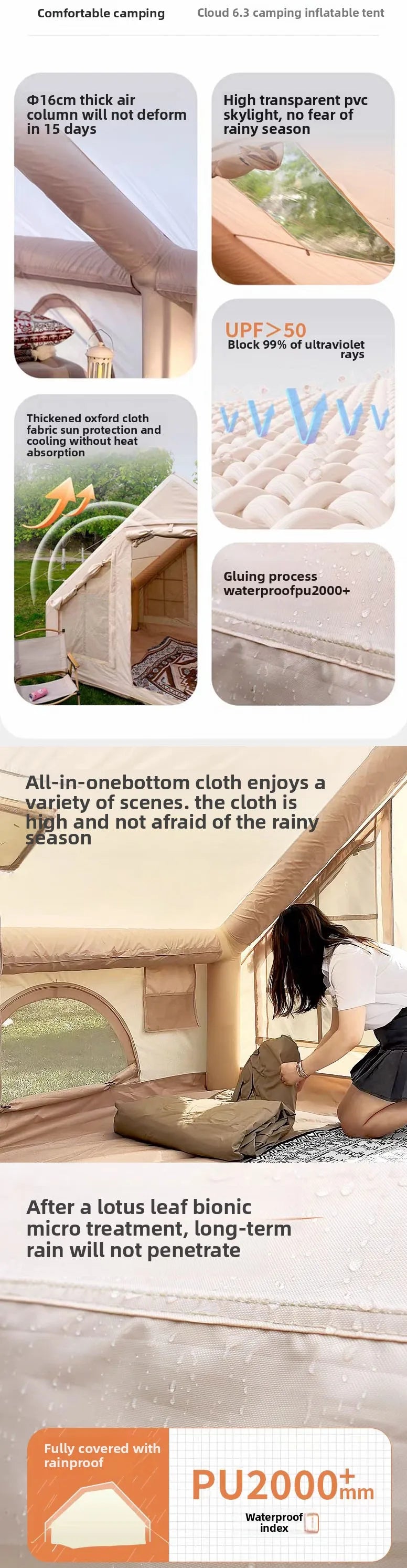 Inflatable Camping Tent for 1-6 People with Skylight, Stove Jack & PU3000 Waterproof Protection