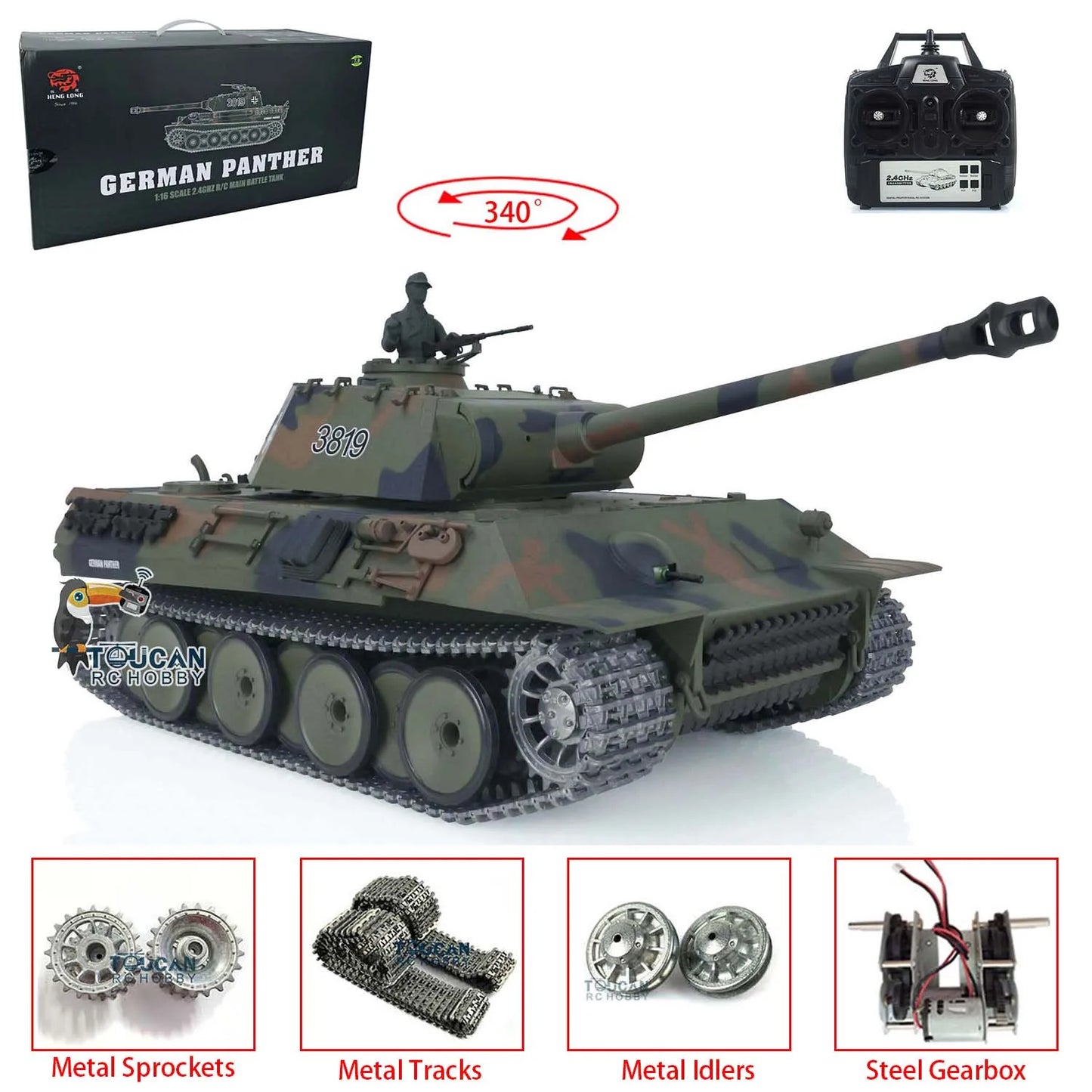 1/16 Heng Long German Panther V RC Tank Toy – 2.4GHz Metal Version with Smoke, Recoil, and Infrared Battle System