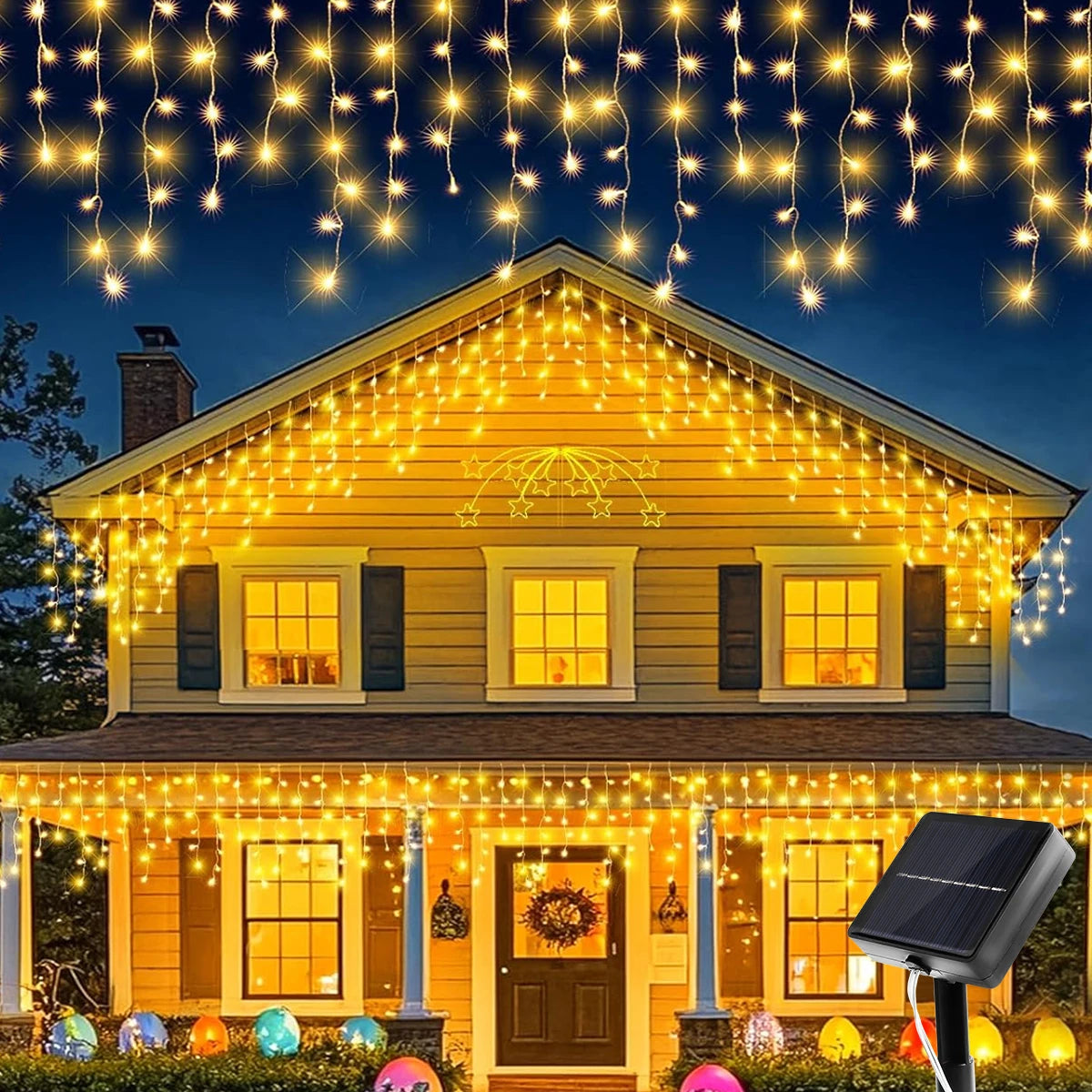 Solar LED Eaves Icicle String Lights 8 Lighting Modes Outdoor Waterproof Christmas Decorations