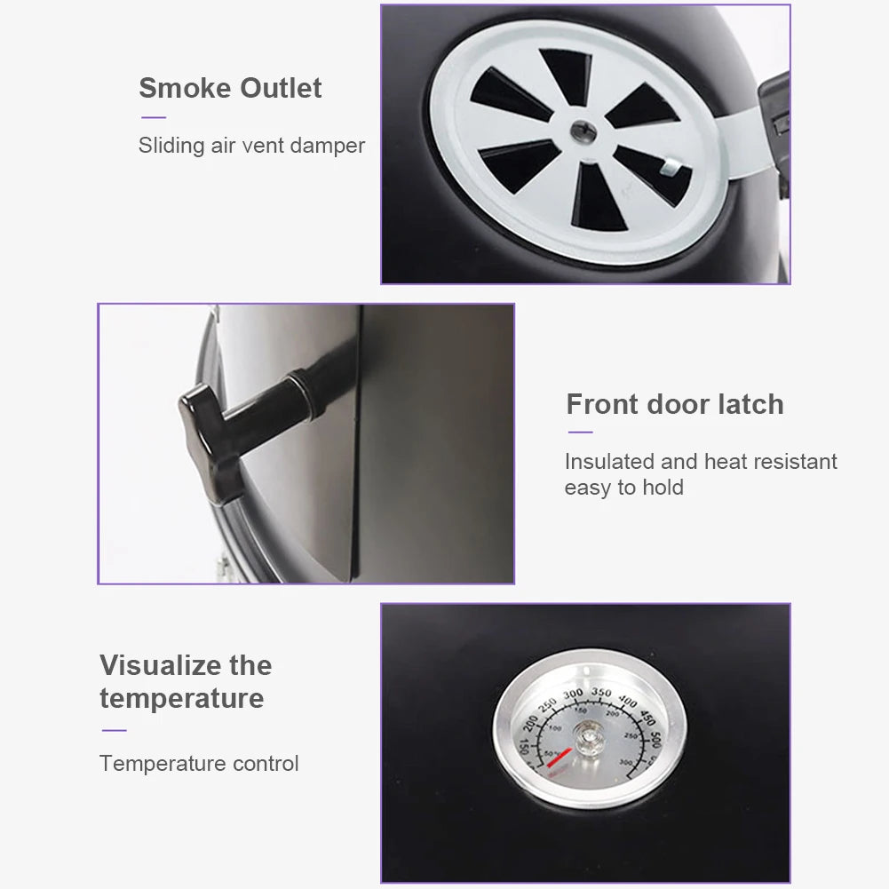 Vertical Charcoal Smoker with Built-in Thermometer – 3-Tier BBQ Smoker Grill with 2 Access Doors – Round Portable Smoker for Camping, Backyard, and Outdoor Cooking