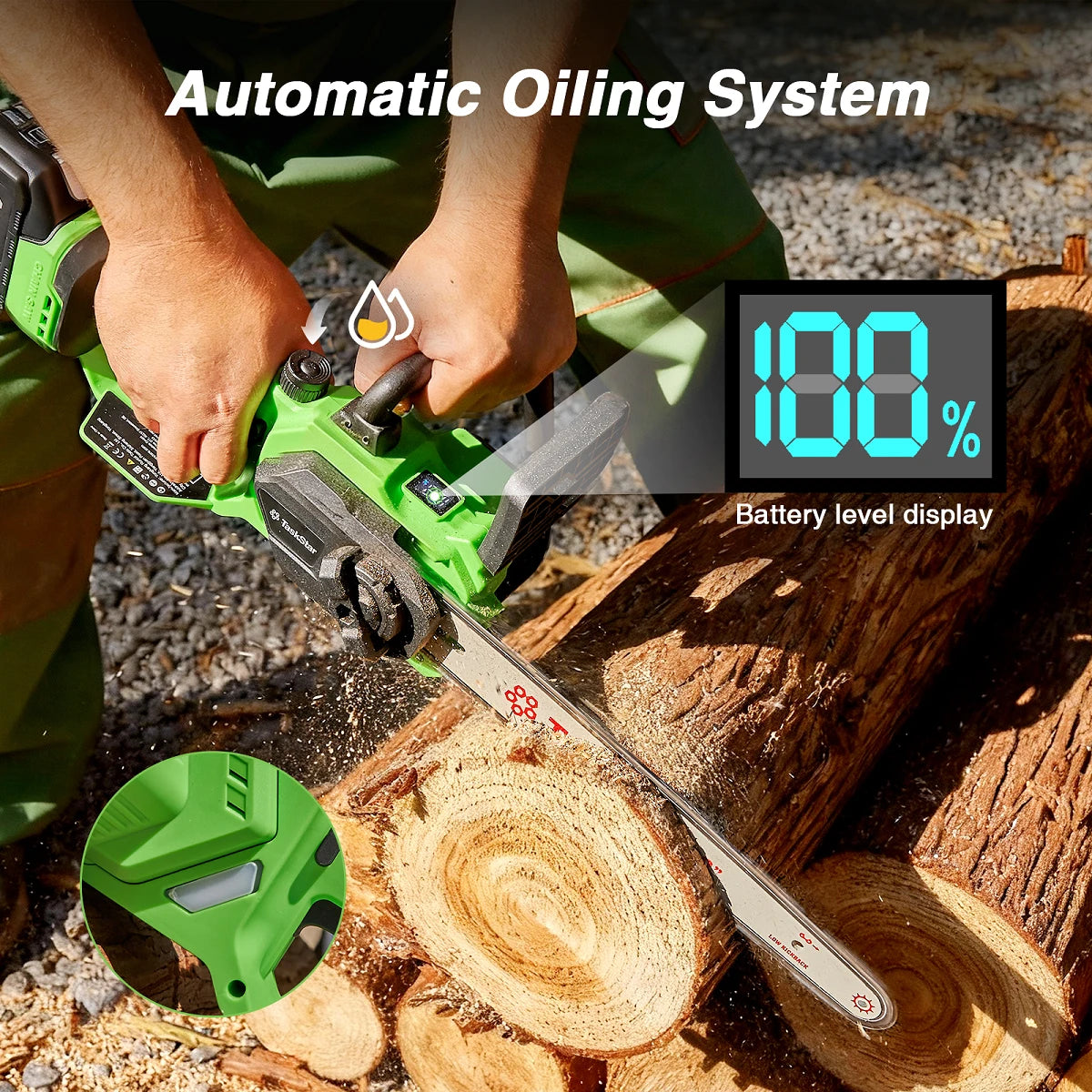 TaskStar 12" Cordless Electric Chainsaw with 2 x 4000mAh Batteries – Brushless Motor, Tool-Free Tensioning, Lightweight & Portable