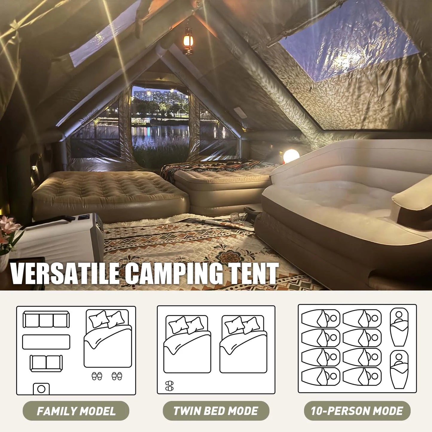Army Green Waterproof Windproof Inflatable Camping Tent 4-Season Air Glamping Tent House with Chimney Opening & AC Vent