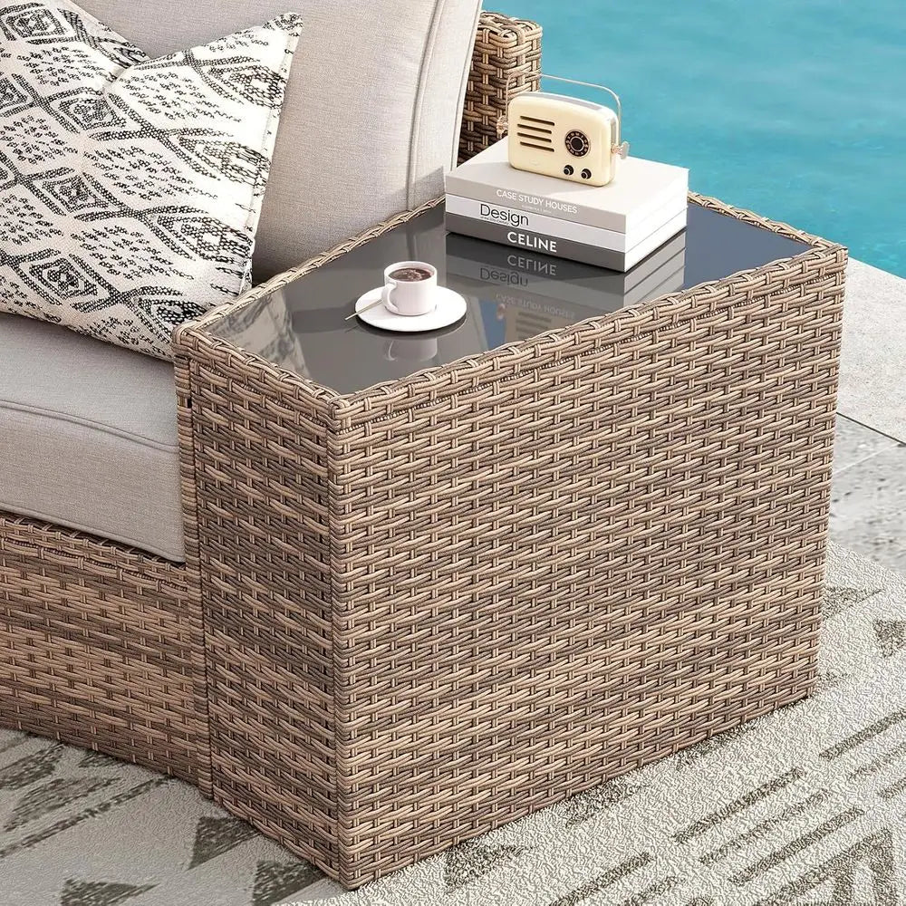 11-Piece Outdoor Wicker Sectional Sofa Set with Storage Wedge Table
