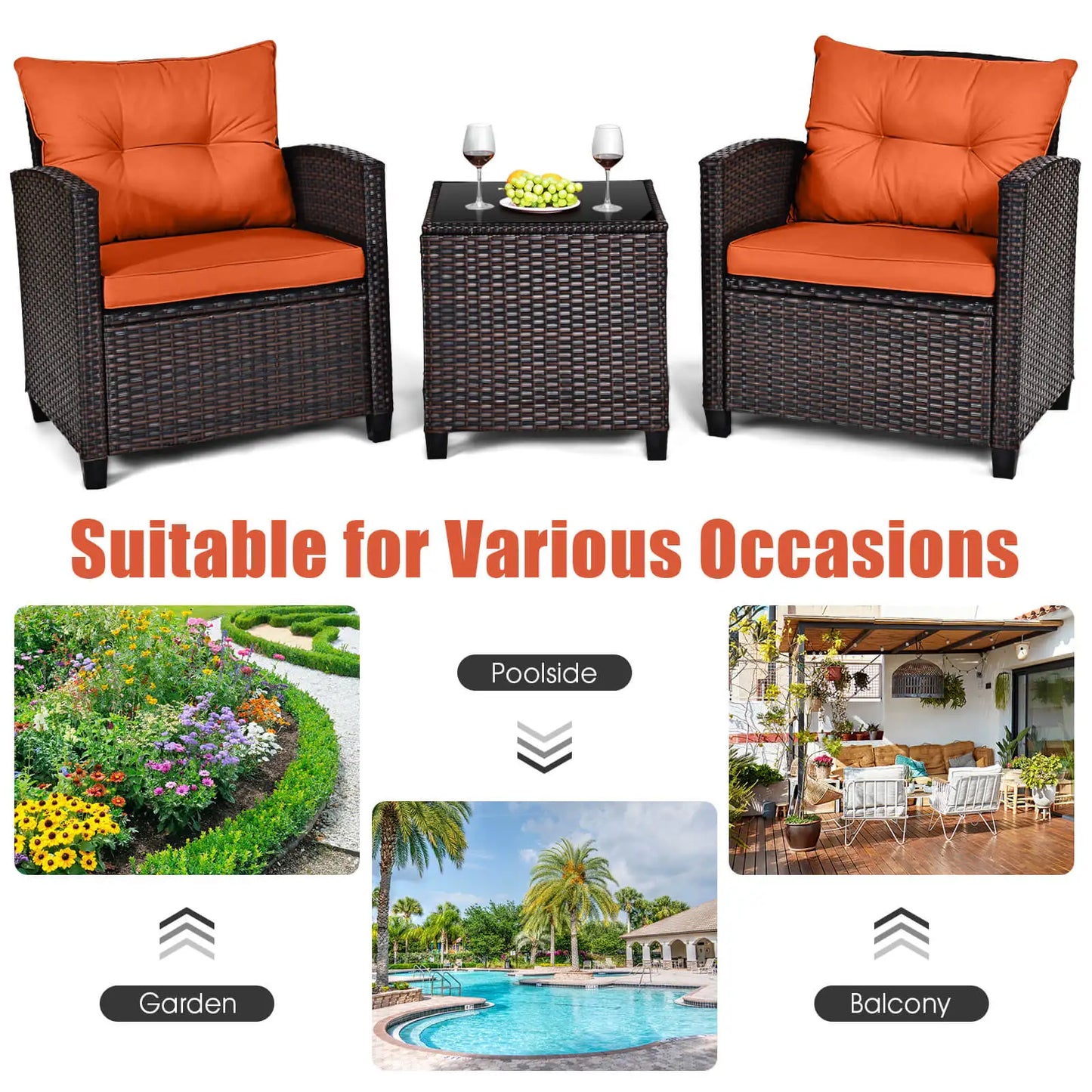 3-Piece Rattan Patio Furniture Set with Cushions and Tempered Glass Table – Outdoor Wicker Conversation Set for Balcony, Garden, or Porch – Orange Cushions